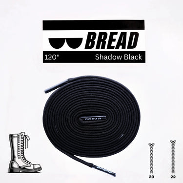 120-inch Shadow Black elastic shoelace coiled with a logo tag, displayed alongside a boot and sizing options.