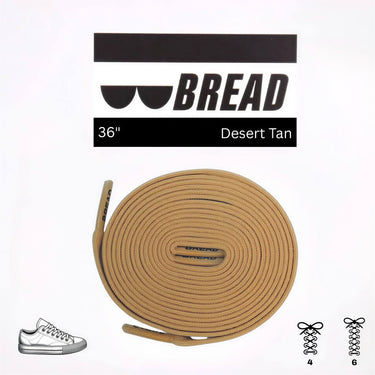 Desert tan elastic shoelaces, 36 inches long, displayed with a sneaker and logo on a white background.