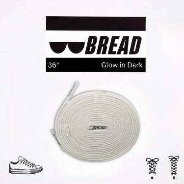 Glow-in-the-dark elastic shoelace in white, 36 inches long, with a branded label and styling options shown.
