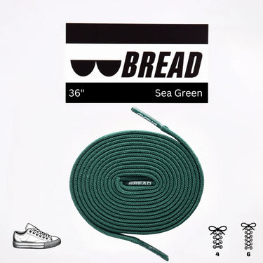Sea green elastic shoelace, 36 inches long, coiled with branding and illustrations of lacing styles.