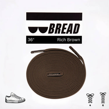 Rich brown elastic shoelace, 36 inches long, coiled with a logo and illustrations of sneaker lacing styles.