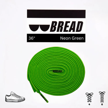 Neon green elastic shoelaces, 36 inches long, coiled with a logo and illustrations of lacing styles on a white background.