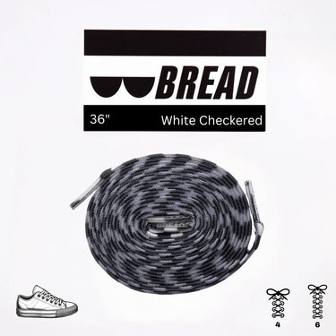 White checkered elastic shoelace, 36 inches long, displayed with packaging and shoe illustrations.