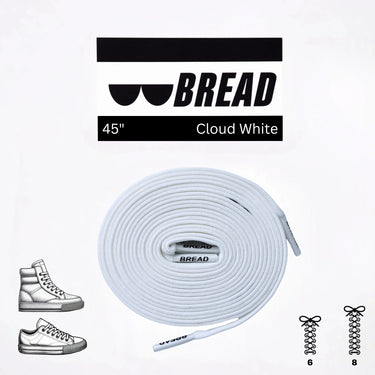 Cloud White elastic shoelace, 45 inches long, displayed with sneaker illustrations and branding on packaging.