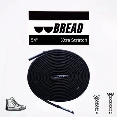 54-inch Shadow Black elastic shoelace coiled with branding and shoe size options displayed beside a sneaker silhouette.