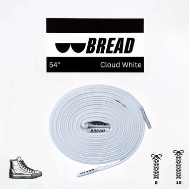 Cloud White elastic shoelaces, 54 inches long, coiled with black branding and a sneaker illustration on the side.