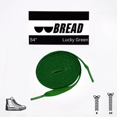 Lucky Green elastic shoelace, 54 inches long, displayed coiled with a black and white label featuring a sneaker graphic.