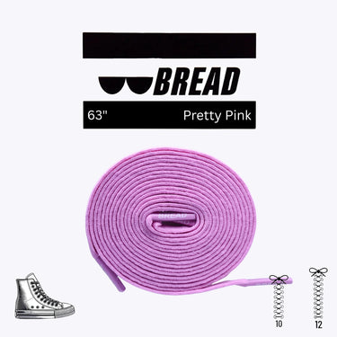 Elastic shoelace in pretty pink, 63 inches long, coiled with branding and lace tips visible, suitable for sneakers.