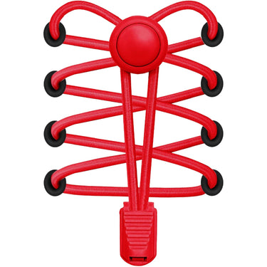Red clip lace accessory with elastic bands and a central button, designed for securing items together.