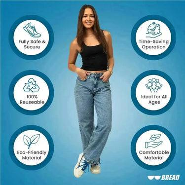 Woman surrounded by circular icons explaining how Bread Laces work