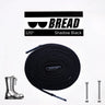 120-inch Shadow Black elastic shoelace coiled with a logo tag, displayed alongside a boot and sizing options.