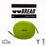 Neon yellow elastic shoelaces, 36 inches long, coiled with branding and illustrations of sneaker styles.