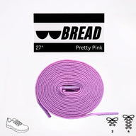 Pretty Pink elastic shoelaces, 27 inches long, coiled with branding and illustrations of shoes and lacing options.