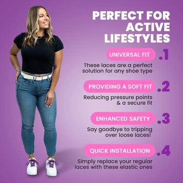 Cosmic Purple elastic shoelaces displayed with a person wearing them on white shoes, set against a purple background.