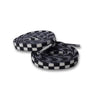White checkered elastic shoelaces rolled up, featuring a black and white checkerboard pattern.