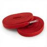 Two coiled red fabric shoelaces with clear plastic tips featuring the white printed text BREAD.