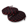 Red checkered elastic shoelaces coiled together, featuring a black and red pattern with plastic aglets.