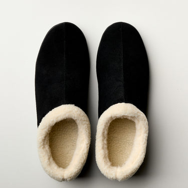 Men's Ashton slipper in black suede with a cream-colored faux fur lining, viewed from above.