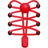 Red clip lace accessory with elastic bands and a central button, designed for securing items together.