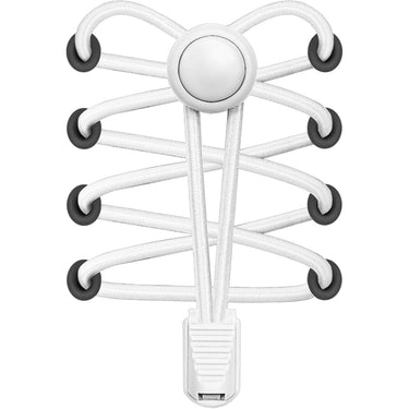 Round locks elastic in white with black accents, featuring a central button and multiple elastic bands for secure fastening.