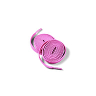 Elastic shoelaces in a vibrant pink color, coiled neatly on a white background.