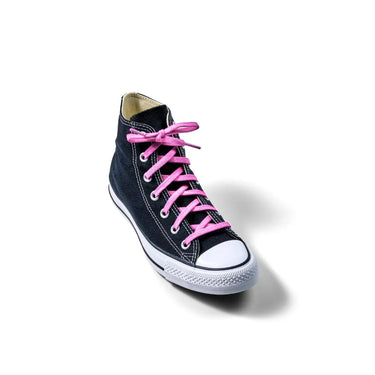 Black high-top sneaker with bright pink elastic shoelaces, positioned at an angle on a white background.