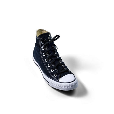 High-top black elastic shoelace sneaker with white rubber toe cap and contrasting stitching.
