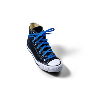 Sonic Blue elastic shoelaces on a black high-top sneaker with a white toe cap, displayed at an angle.