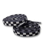 White checkered elastic shoelaces rolled up, featuring a black and white checkerboard pattern.