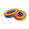 Two rolls of rainbow-colored elastic shoelaces with a pink center band labeled 'BREAD' on a plain white background.