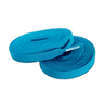 Two coiled sky blue fabric shoelaces with BREAD printed on the plastic aglet.