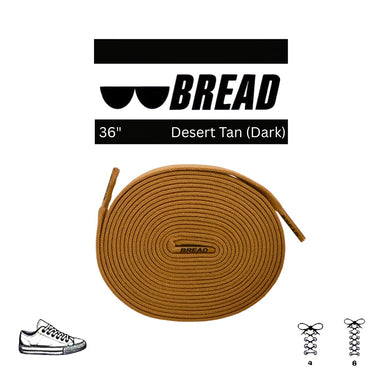 Coiled desert tan elastic shoelace by BREAD. The 36 inch flat lace features a textured weave and branded plastic aglets.
