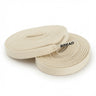 Two coiled cream fabric shoelaces with clear tips featuring black BREAD text on a white background.