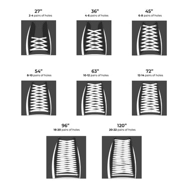 Cloud white elastic shoelaces in various lengths and styles, displayed with different hole pair counts on a dark background.