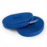 Two coiled blue fabric shoelaces with clear plastic tips featuring the white printed text BREAD.