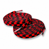 Red and black checkered shoelaces on a white background