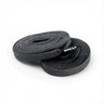 Two coiled flat black sparkly fabric shoelaces with BREAD printed on the plastic aglet.