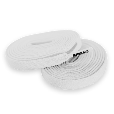 Two rolls of white shoelaces with a 'BREAD' label on a white background